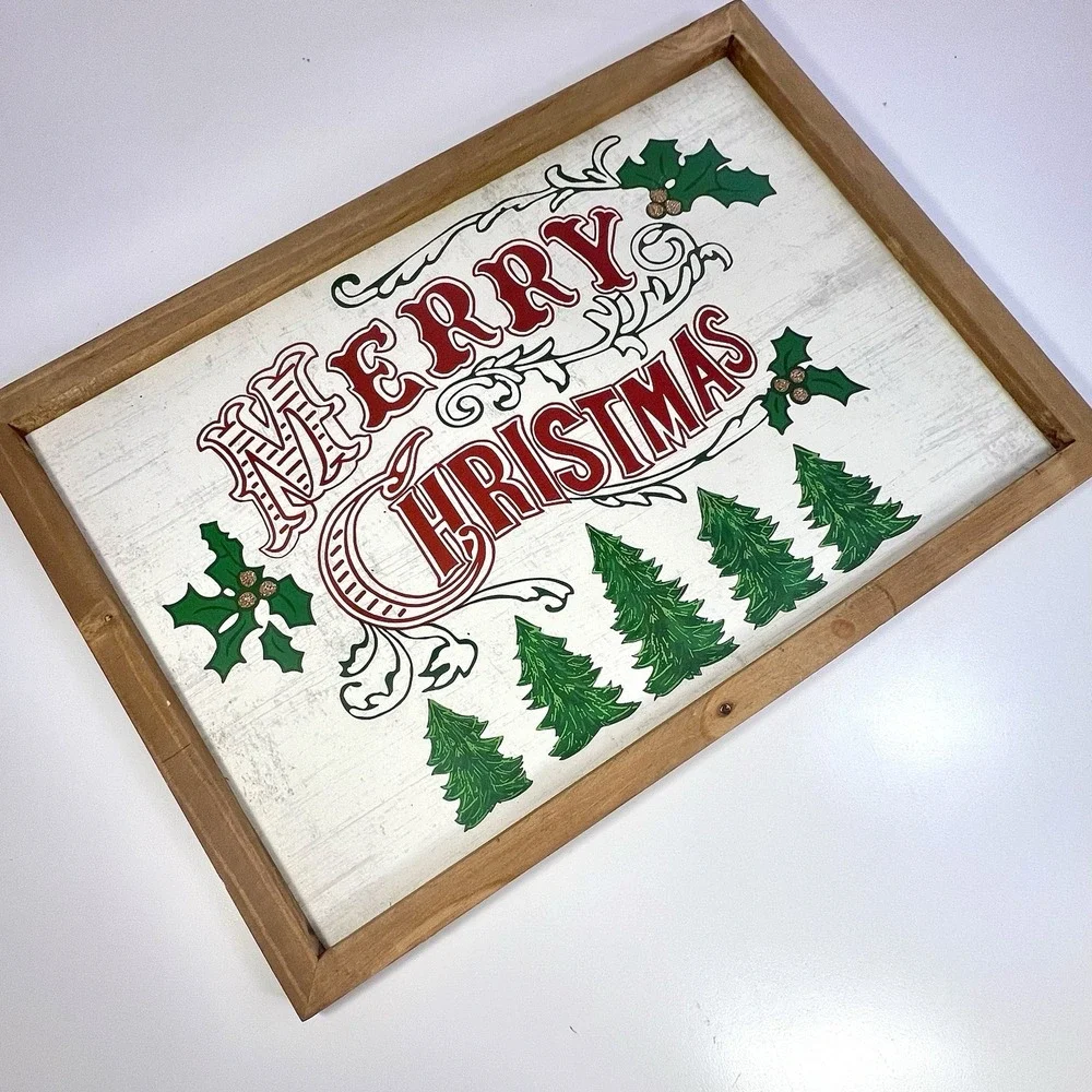 Pier 1 Folk Art Merry Christmas Wood Frame Wall Art Decor Rustic Cottage 12x17.5